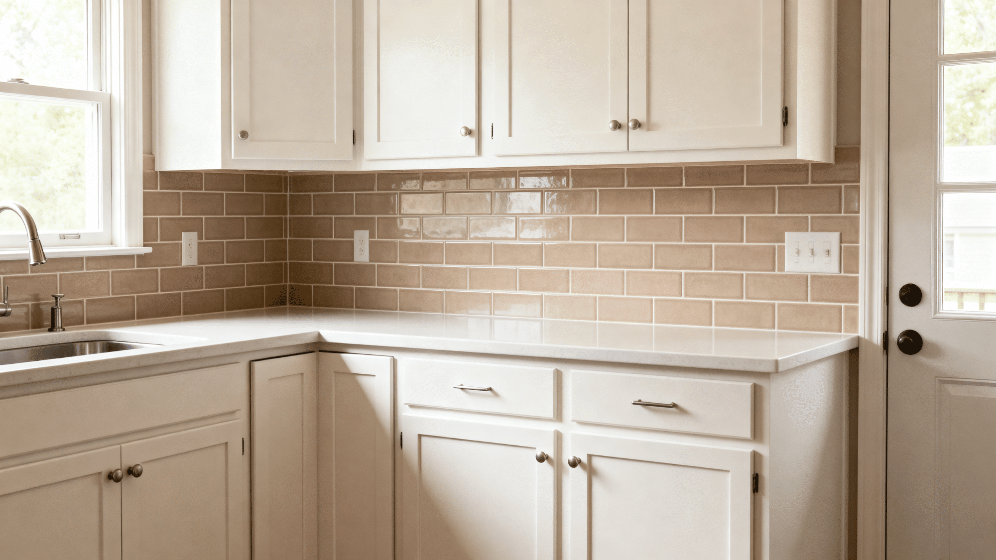 White kitchen with warm taupe subway tile backsplash