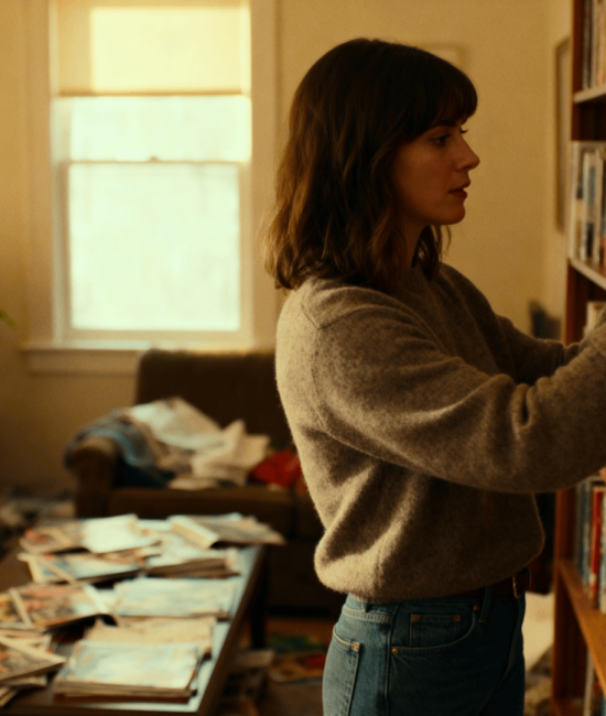 Woman organizing books on a wooden shelf in cozy living room, warm lighting, coffee table cluttered with magazines, home interior scene