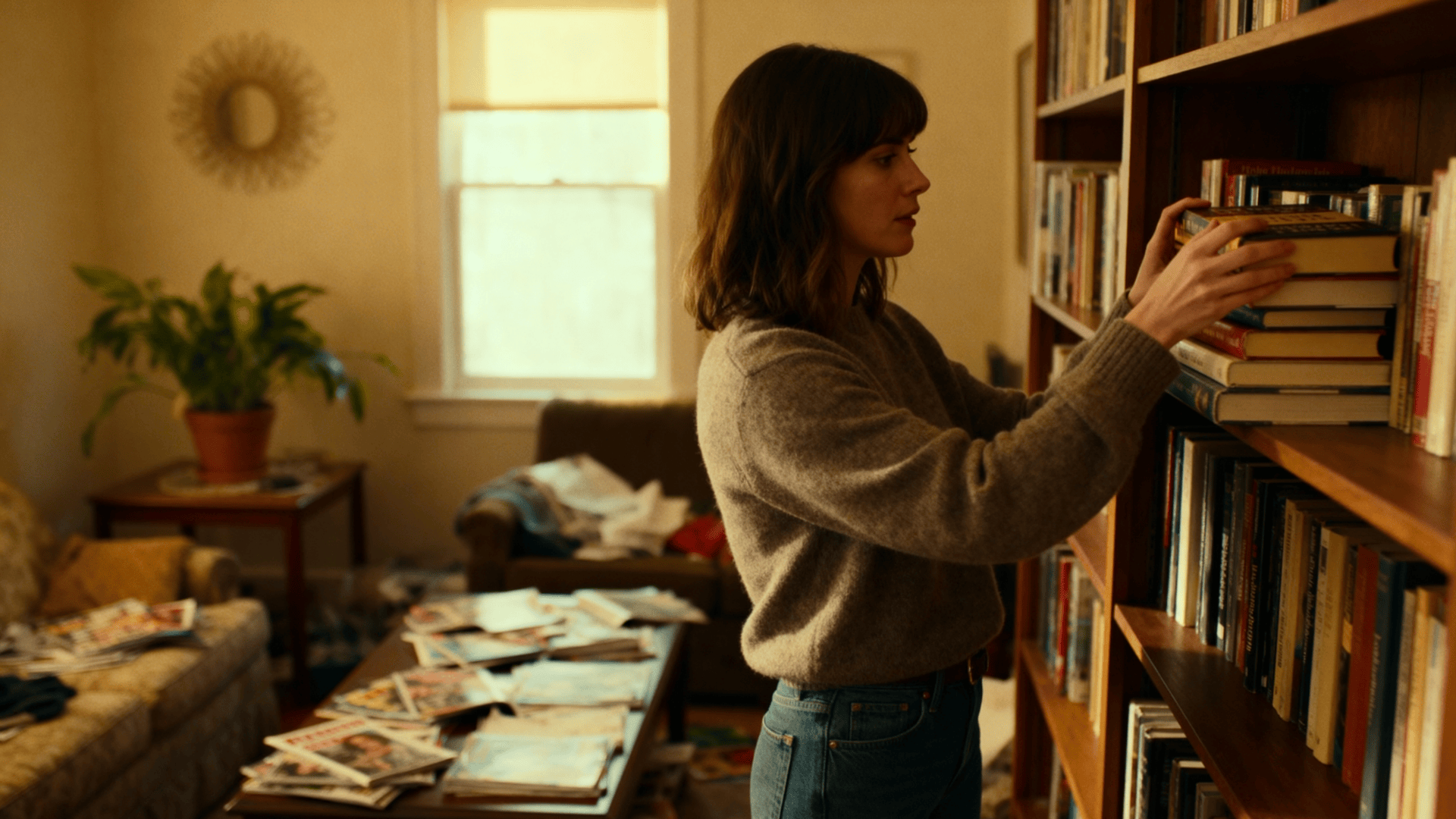 Woman organizing books on a wooden shelf in cozy living room, warm lighting, coffee table cluttered with magazines, home interior scene