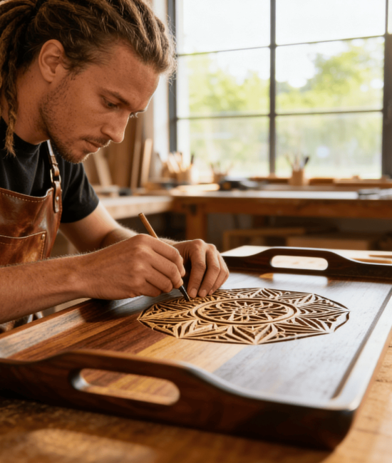 Woodworker carving detailed pattern into wooden tray in bright workshop, focused craftsmanship with tools and natural light