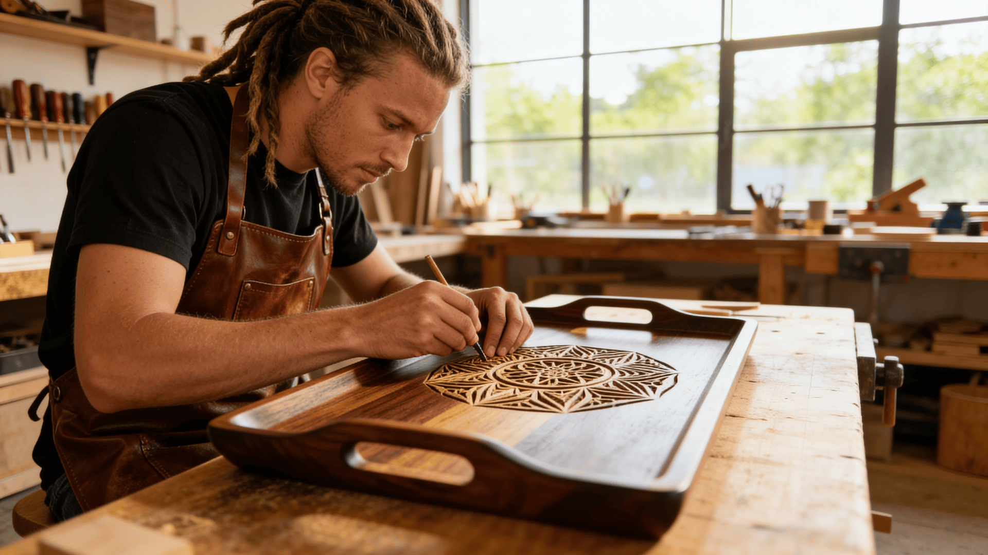 Woodworker carving detailed pattern into wooden tray in bright workshop, focused craftsmanship with tools and natural light