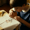 Young boy embroidering floral pattern on white cloth at table, colorful threads and scissors nearby, focused crafting scene indoors