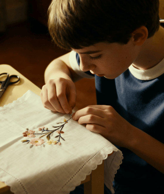 Young boy embroidering floral pattern on white cloth at table, colorful threads and scissors nearby, focused crafting scene indoors