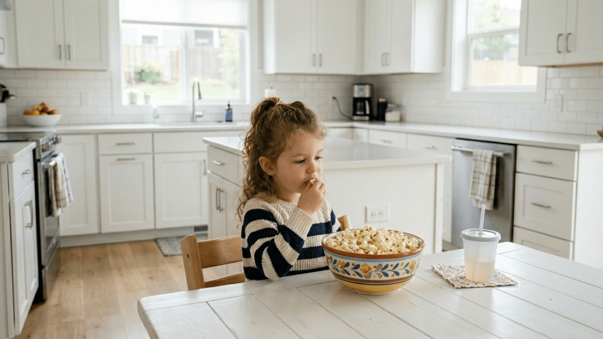Young child around age four eating popcorn safely while sitting