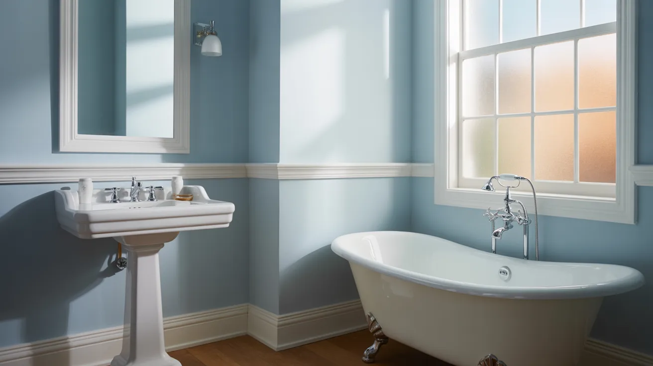 A calm bathroom with soft blue walls and white trim. Natural light, white fixtures, clean and airy feel