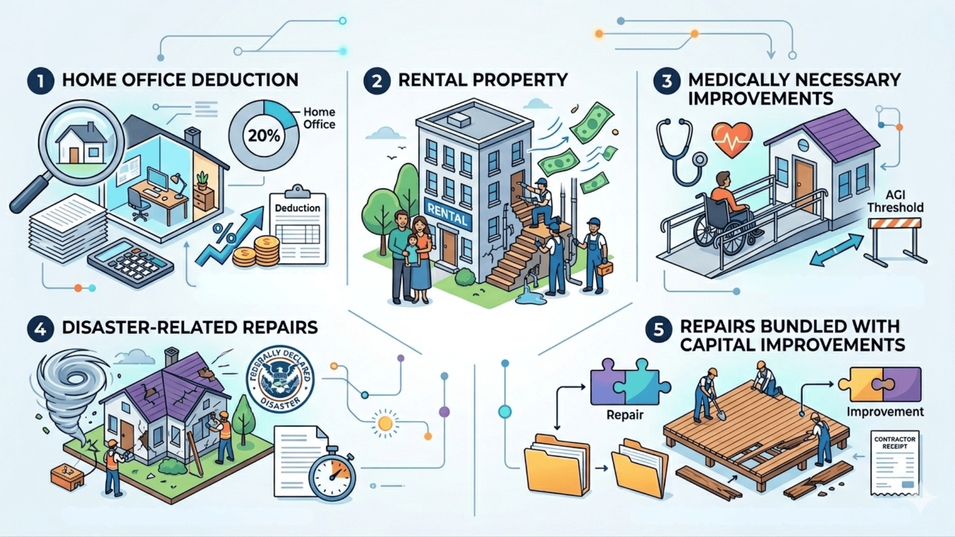 A clean infographic showing 5 exceptions for tax-deductible home repairs like home office, rental, medical, and disaster.