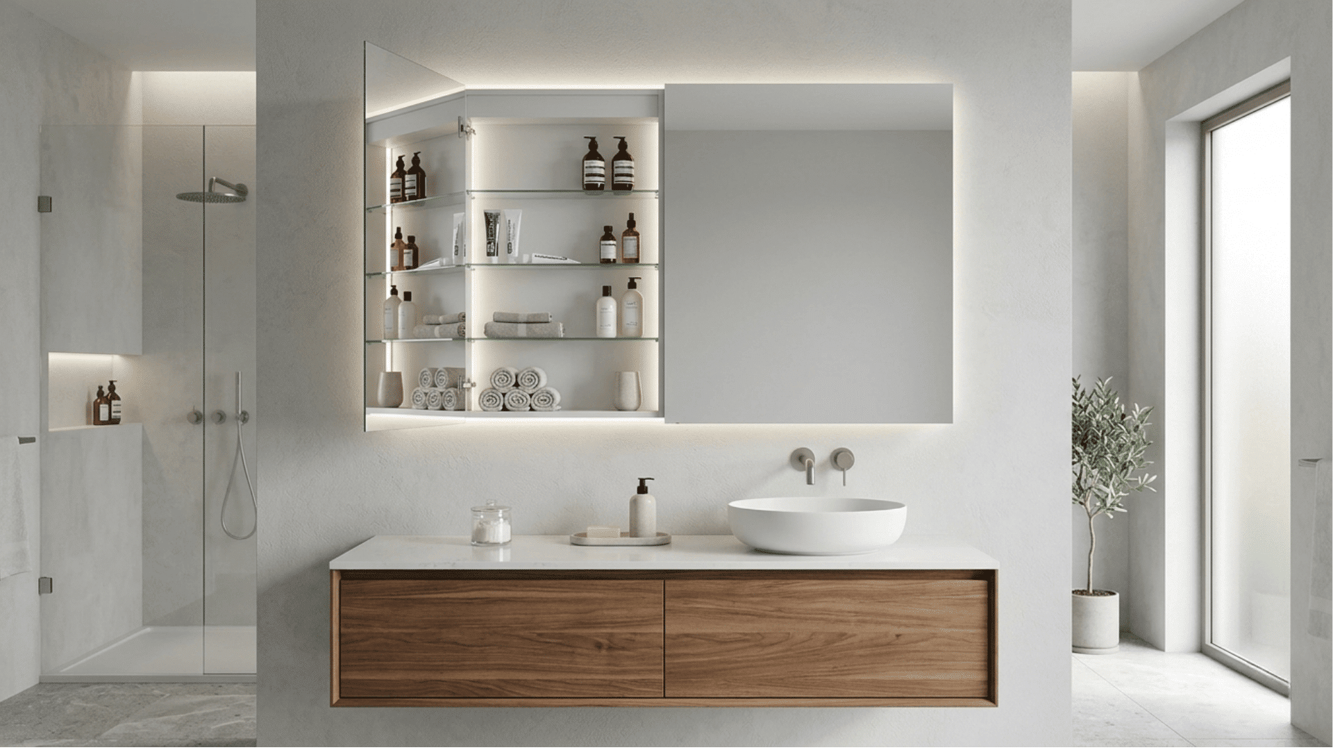 A contemporary bathroom features a floating wood vanity, white vessel sink, and an illuminated mirror cabinet with organized storage.