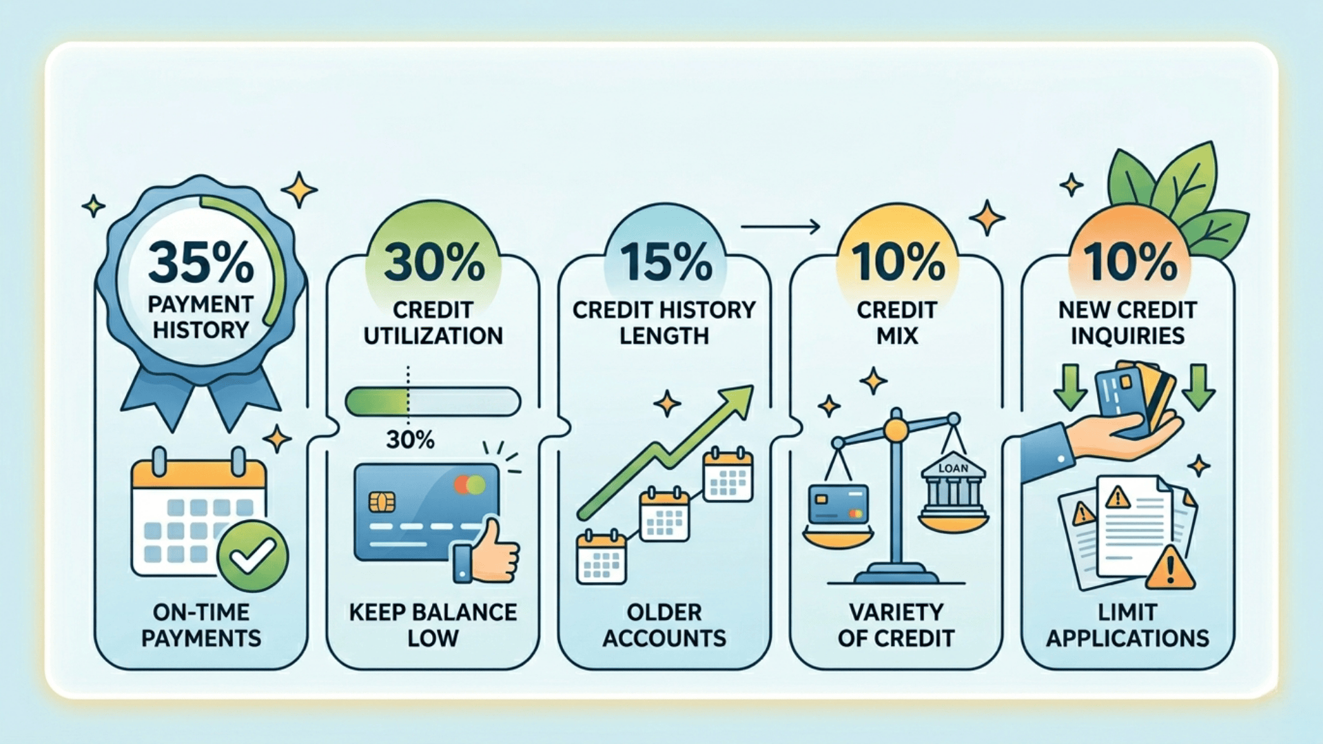 A credit factors infographic showing  Payment History,Utilization,History Length Mix,  Inquiries.