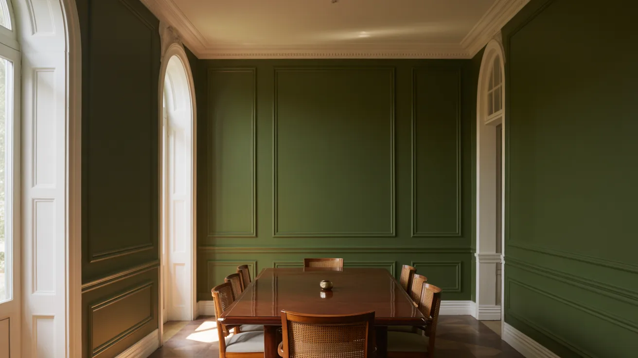 A dining room with rich dark green walls and warm white trim. Brass light fixture, wood table, warm evening light