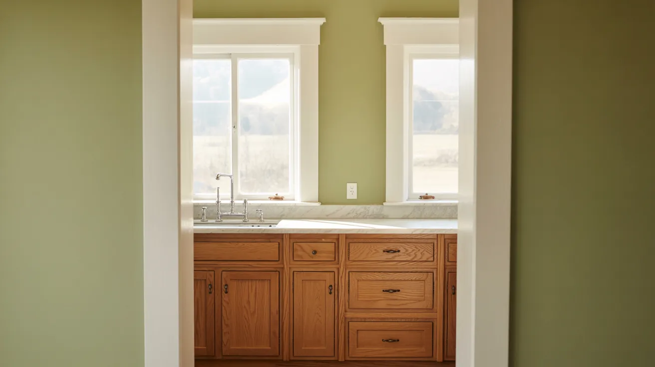A kitchen with sage green walls and off-white trim. Natural wood cabinets, warm lighting, plants on the counter