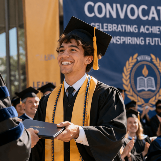 A smiling young man in a graduation cap and gown receives a diploma during a convocation ceremony with an audience clapping.
