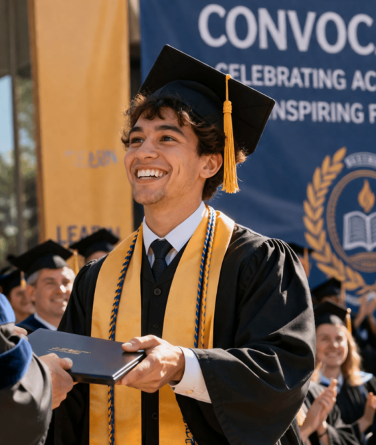 A smiling young man in a graduation cap and gown receives a diploma during a convocation ceremony with an audience clapping.