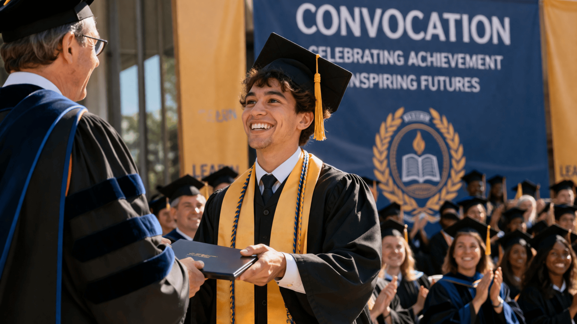 A smiling young man in a graduation cap and gown receives a diploma during a convocation ceremony with an audience clapping.