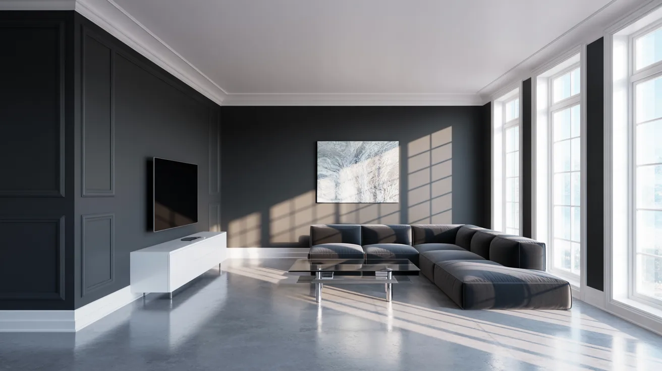 A well-lit living room with matte black walls and white trim. Large windows, natural light, modern furniture