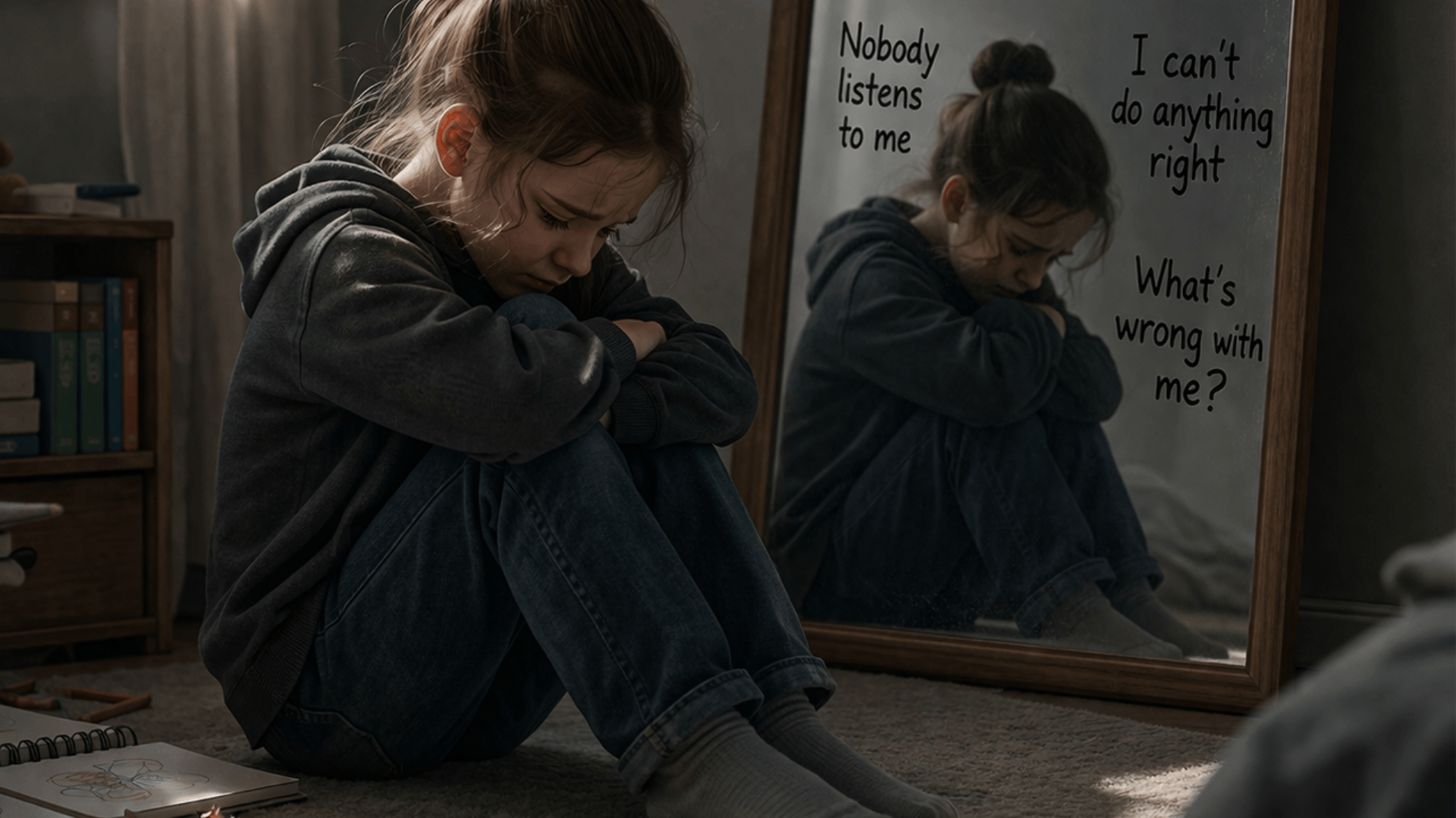 A young girl sits hunched on the floor, looking sad, while a mirror reflects her along with several self-doubting phrases.