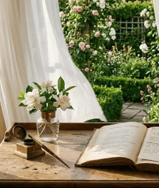 aged poetry book open on a sunlit wooden desk with gardenias and a quill near a garden window