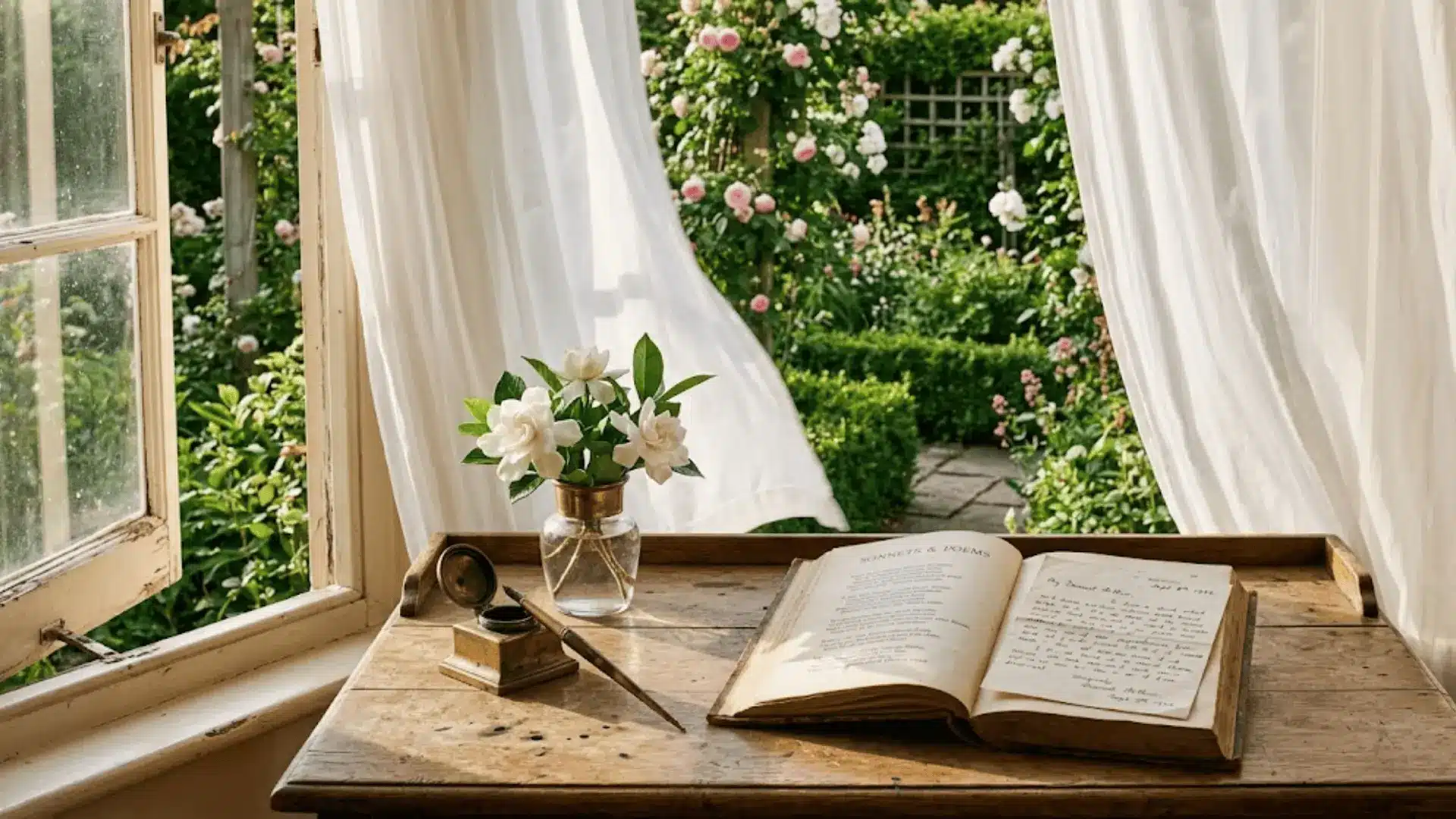 aged poetry book open on a sunlit wooden desk with gardenias and a quill near a garden window