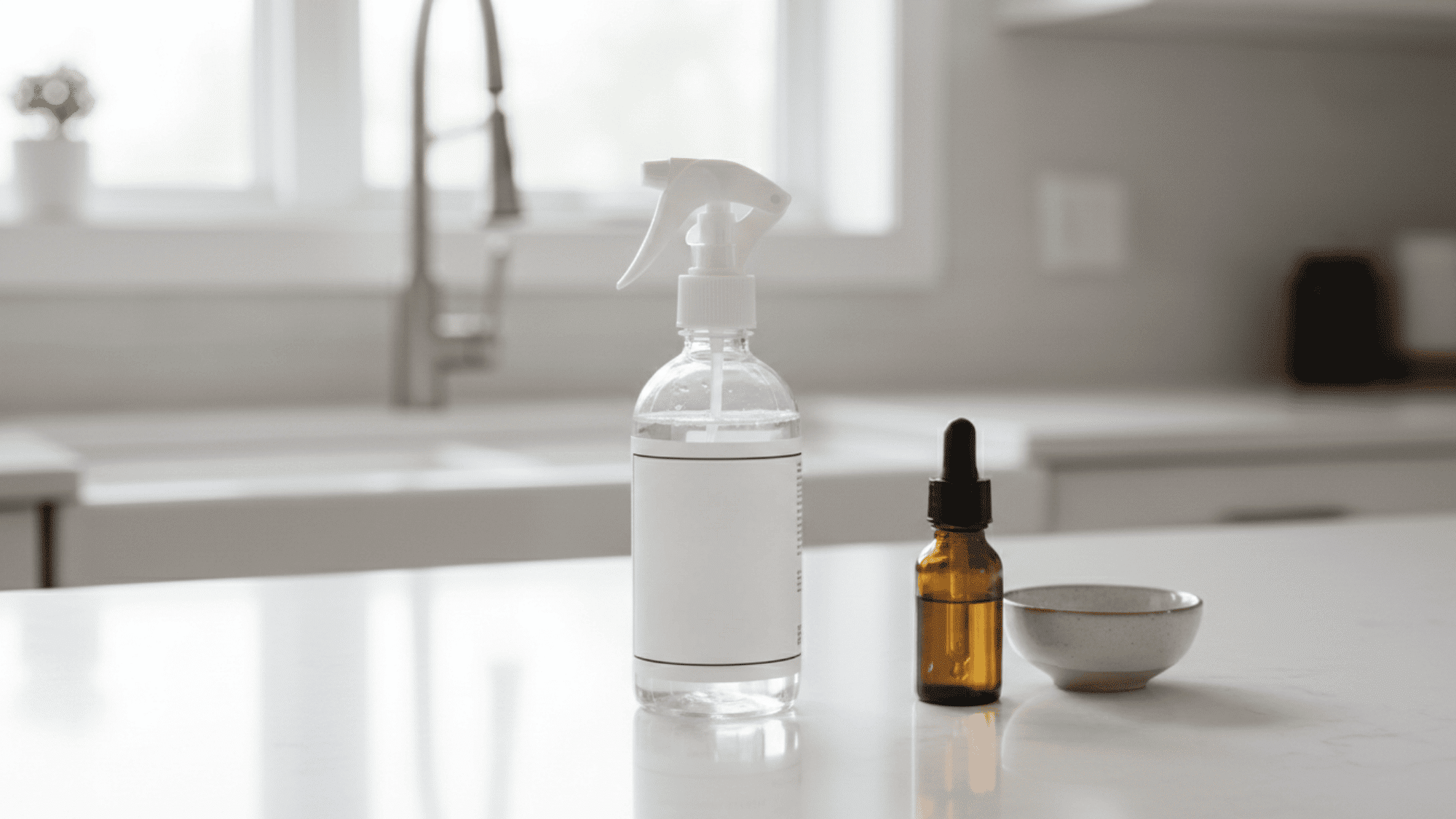 Alcohol-based DIY disinfectant spray bottle on a clean kitchen counter
