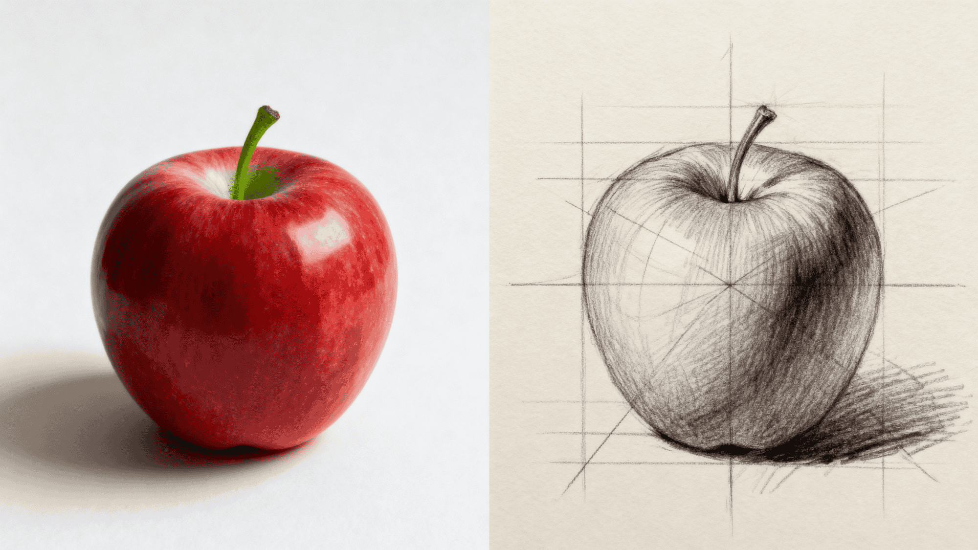 Apple reference and its sketch side by side for drawing practice