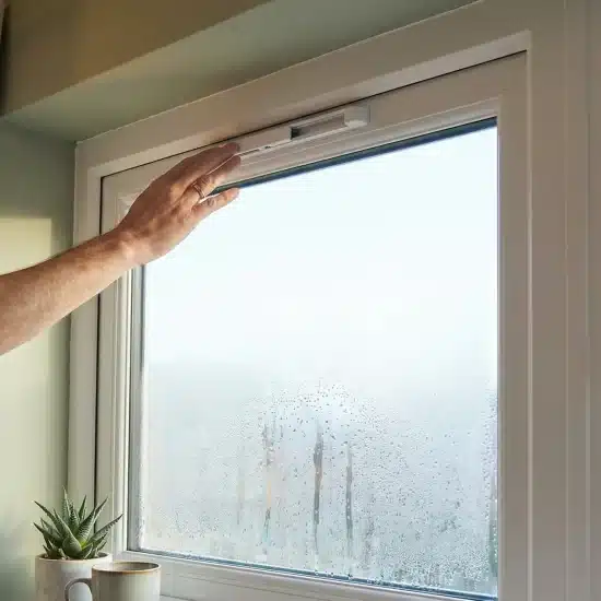 Hand adjusting a ventilation device on a window with visible condensation and indoor potted plant nearby