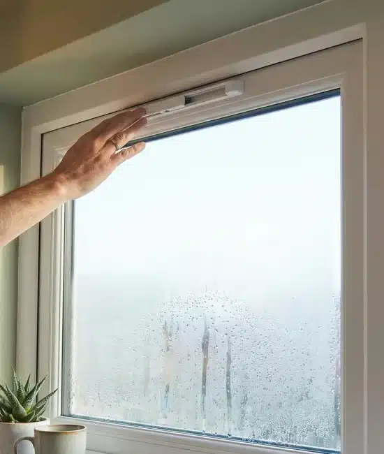 Hand adjusting a ventilation device on a window with visible condensation and indoor potted plant nearby