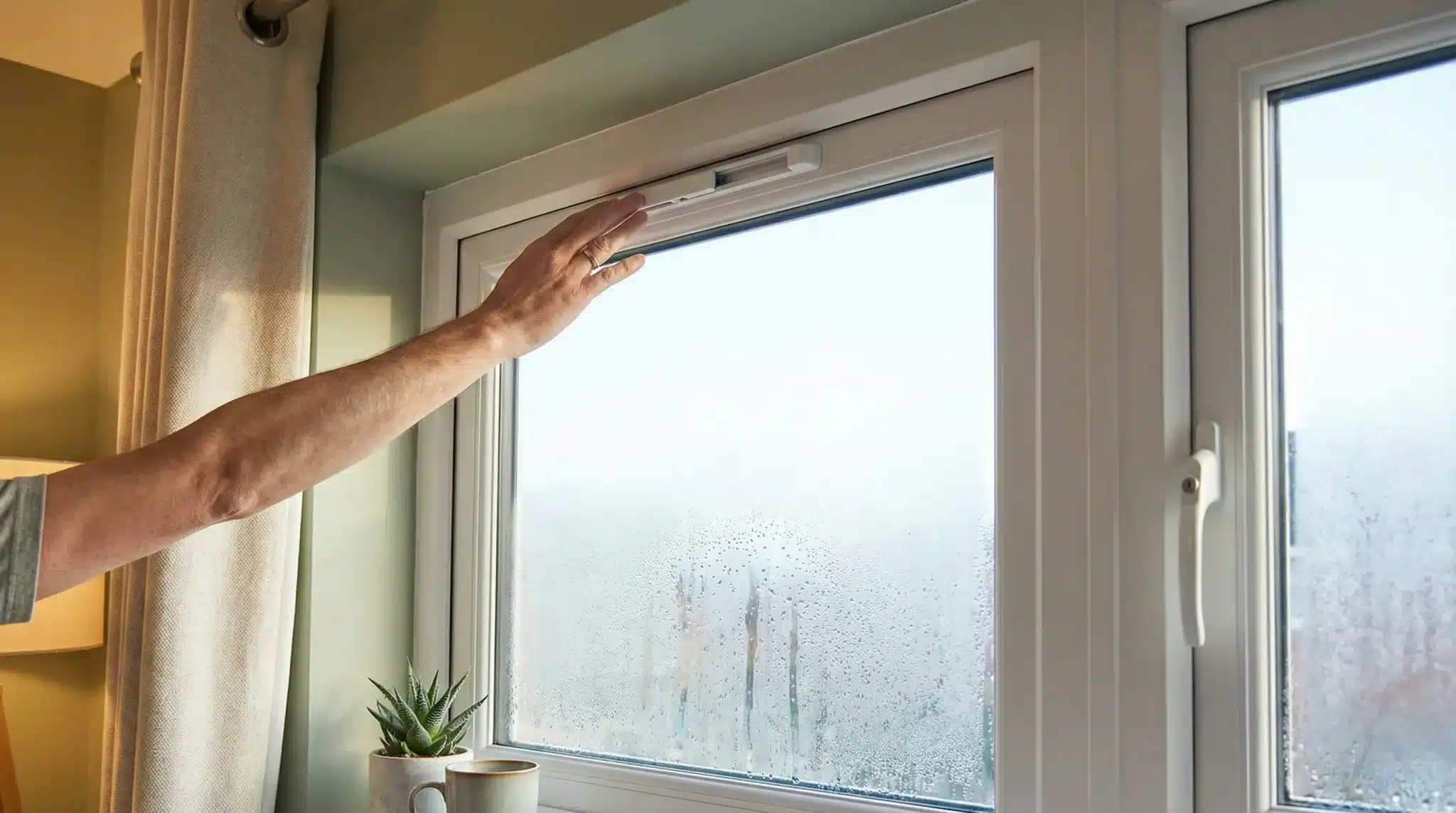 Hand adjusting a ventilation device on a window with visible condensation and indoor potted plant nearby