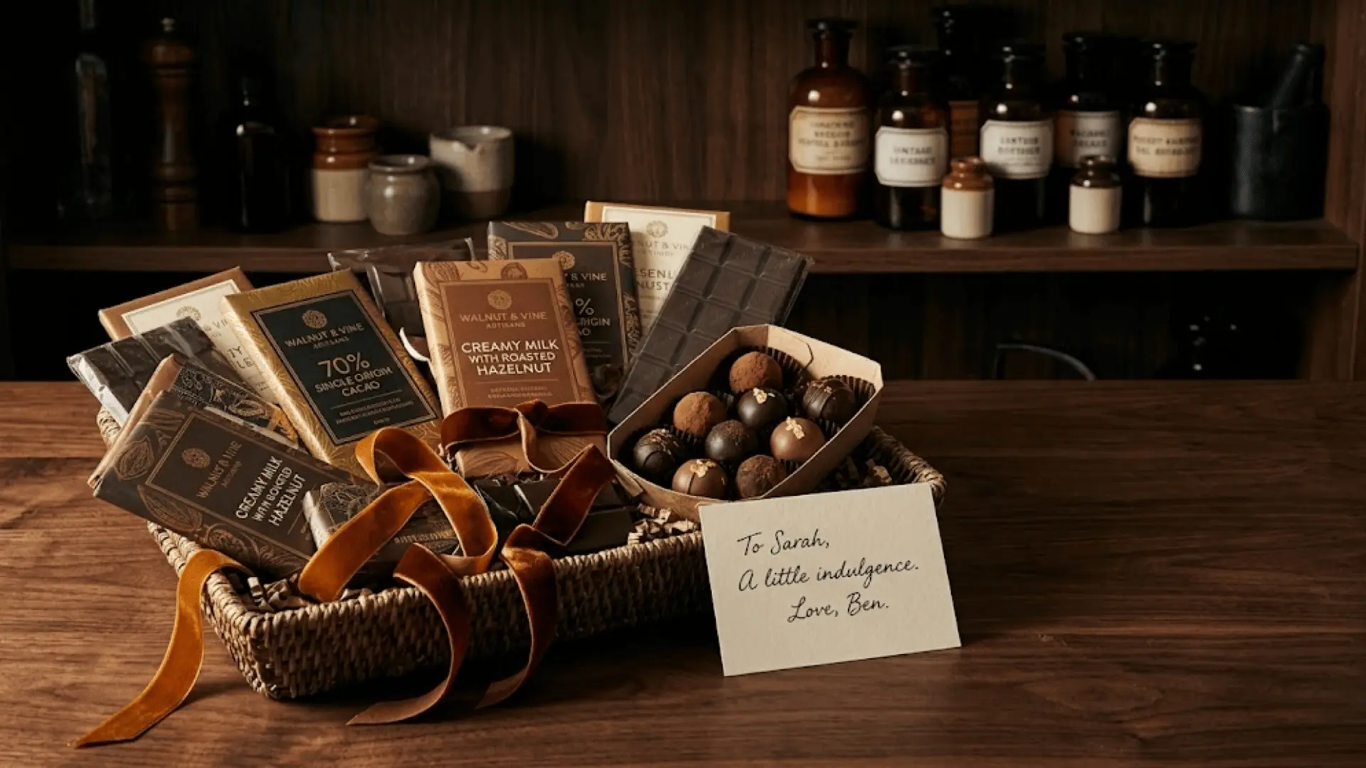 artisan chocolate gift hamper unwrapped on dark walnut surface with truffles, ribbon, and warm moody light