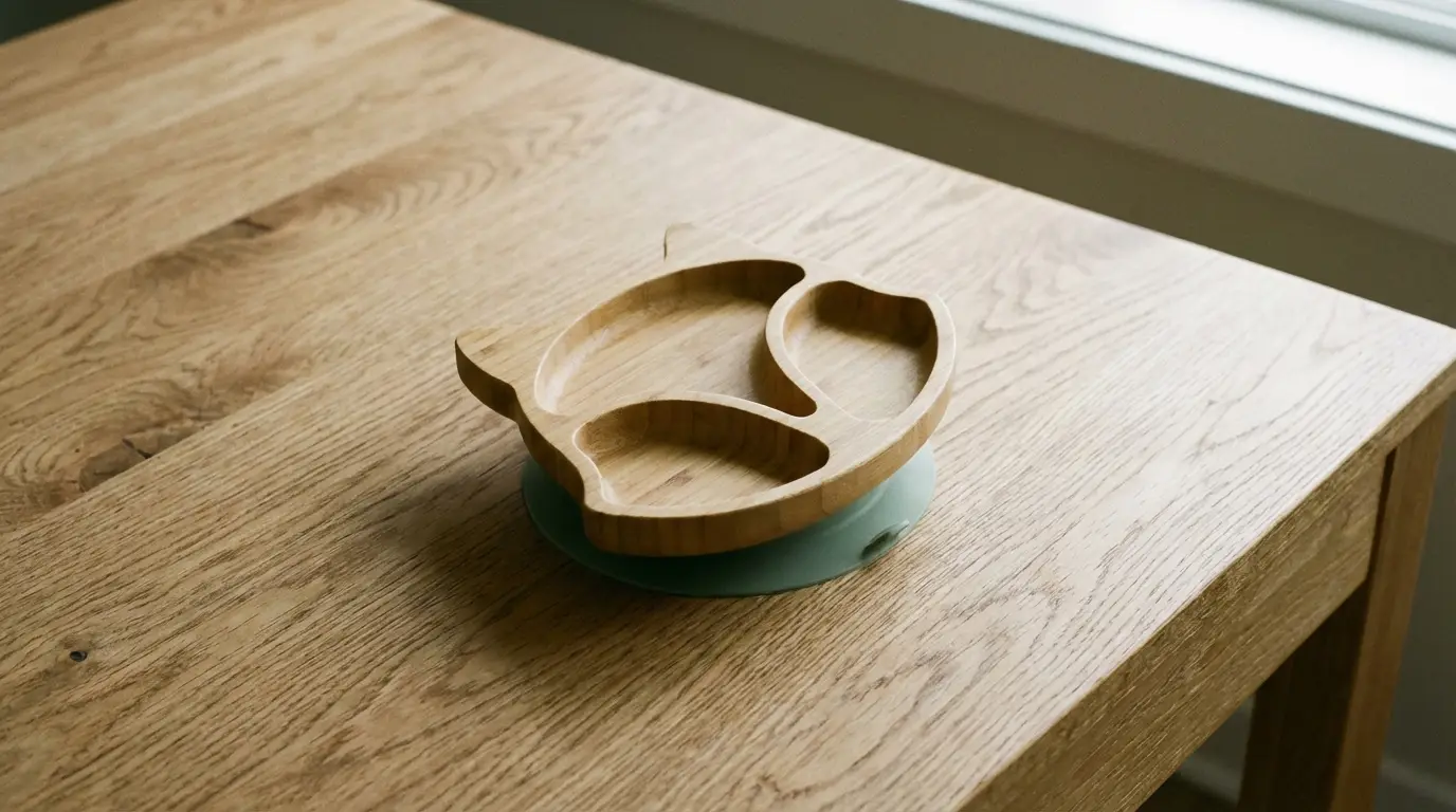 Wooden cat-shaped compartmentalized plate on light wooden table near window