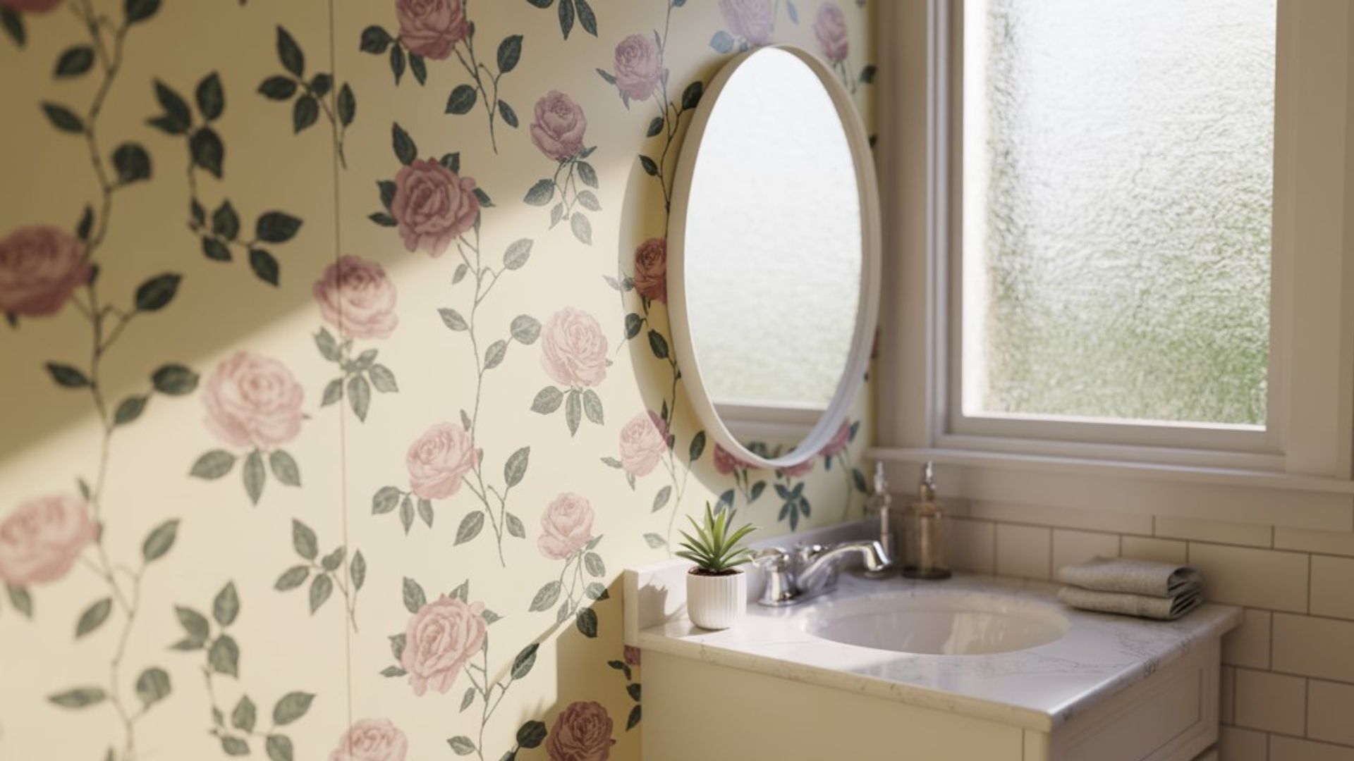 bathroom with peel and stick wallpaper accent wall adding pattern and style without requiring permanent changes or major renovation work