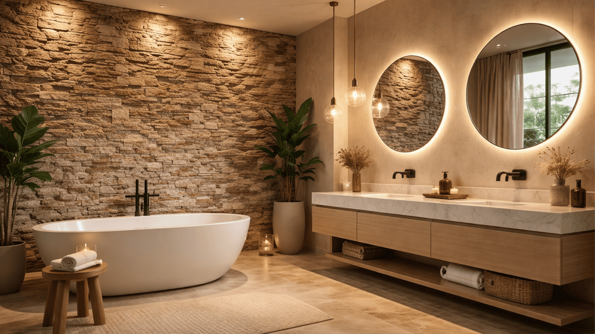 bathroom with premium finishes, brass fixtures, matte black accents, luxury materials, modern elegant design, ultra realistic