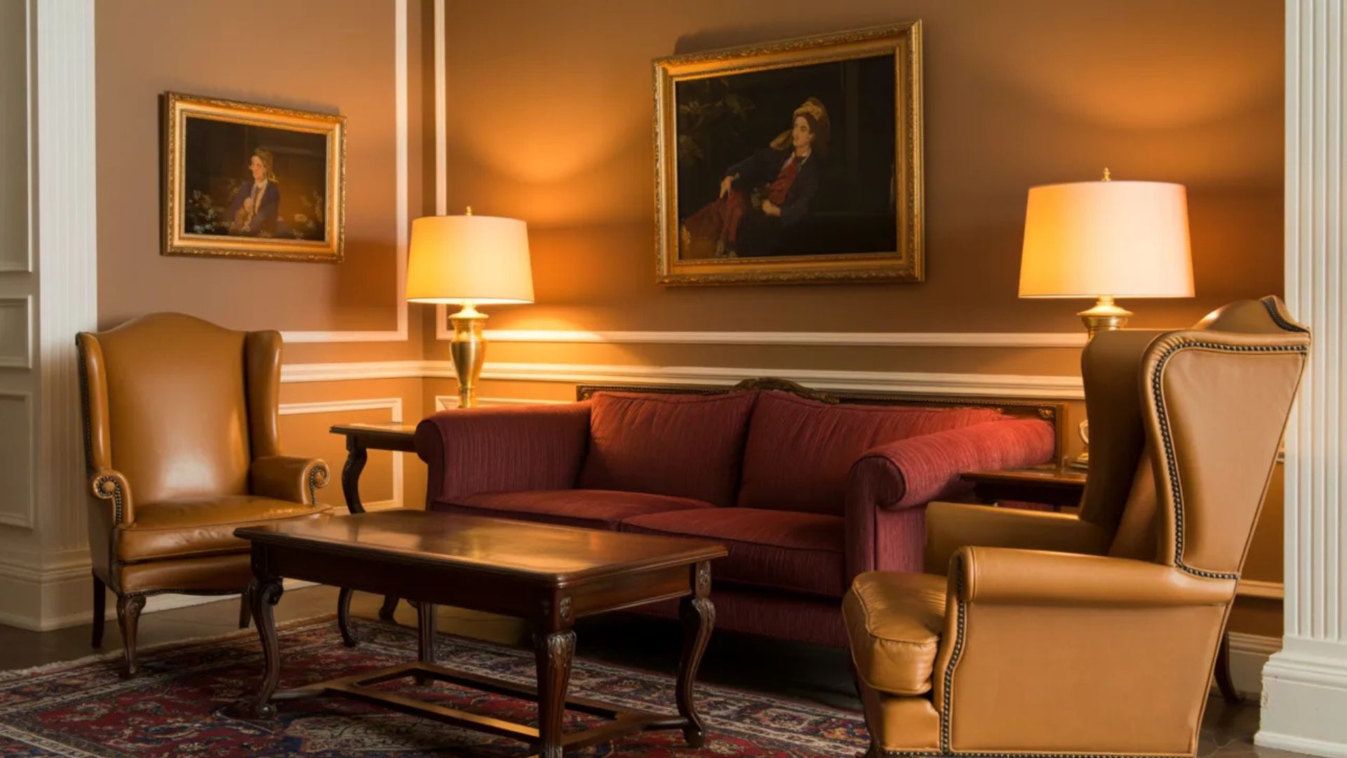 Beige walls with cream trim in a warm traditional living room