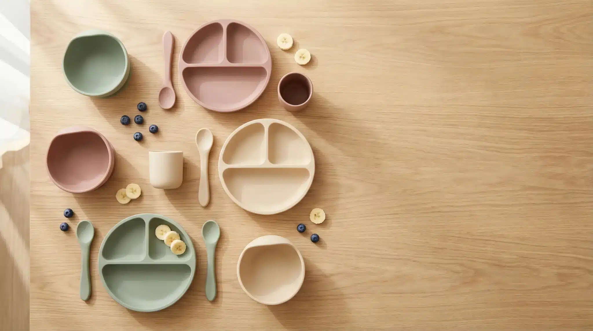 Colorful children's dinnerware with spoons, cups, and sliced bananas on light wooden surface