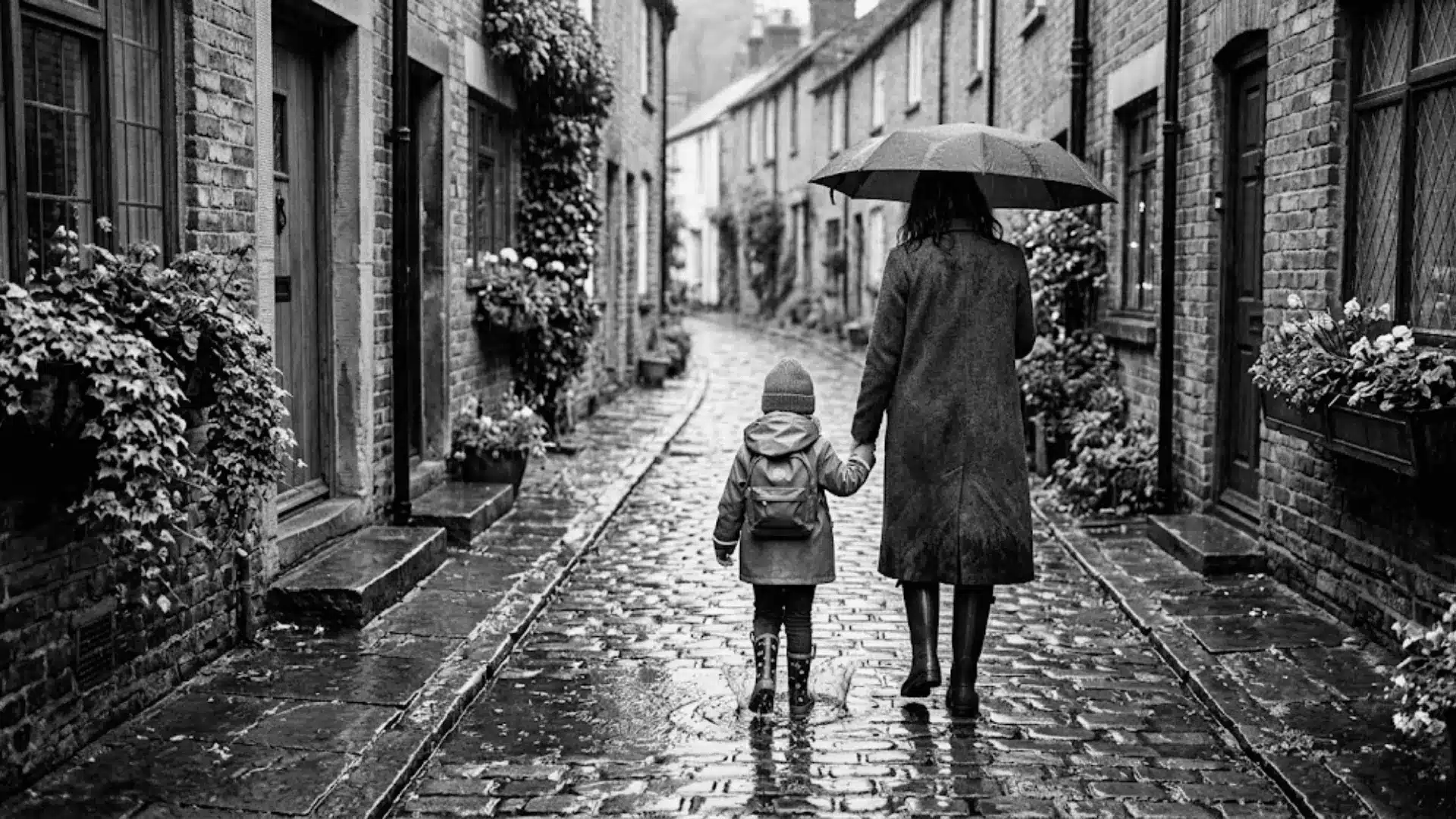 black and white photo of a mother and child walking hand in hand down a rainy cobblestone lane