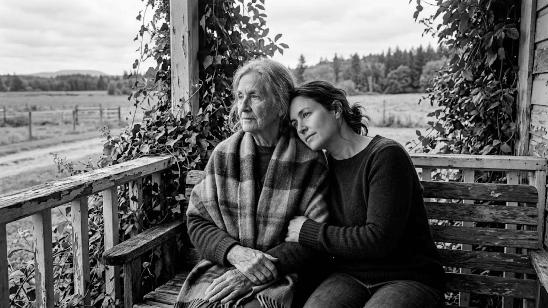 black and white photo of an elderly mother and adult daughter sitting close on a weathered porch bench
