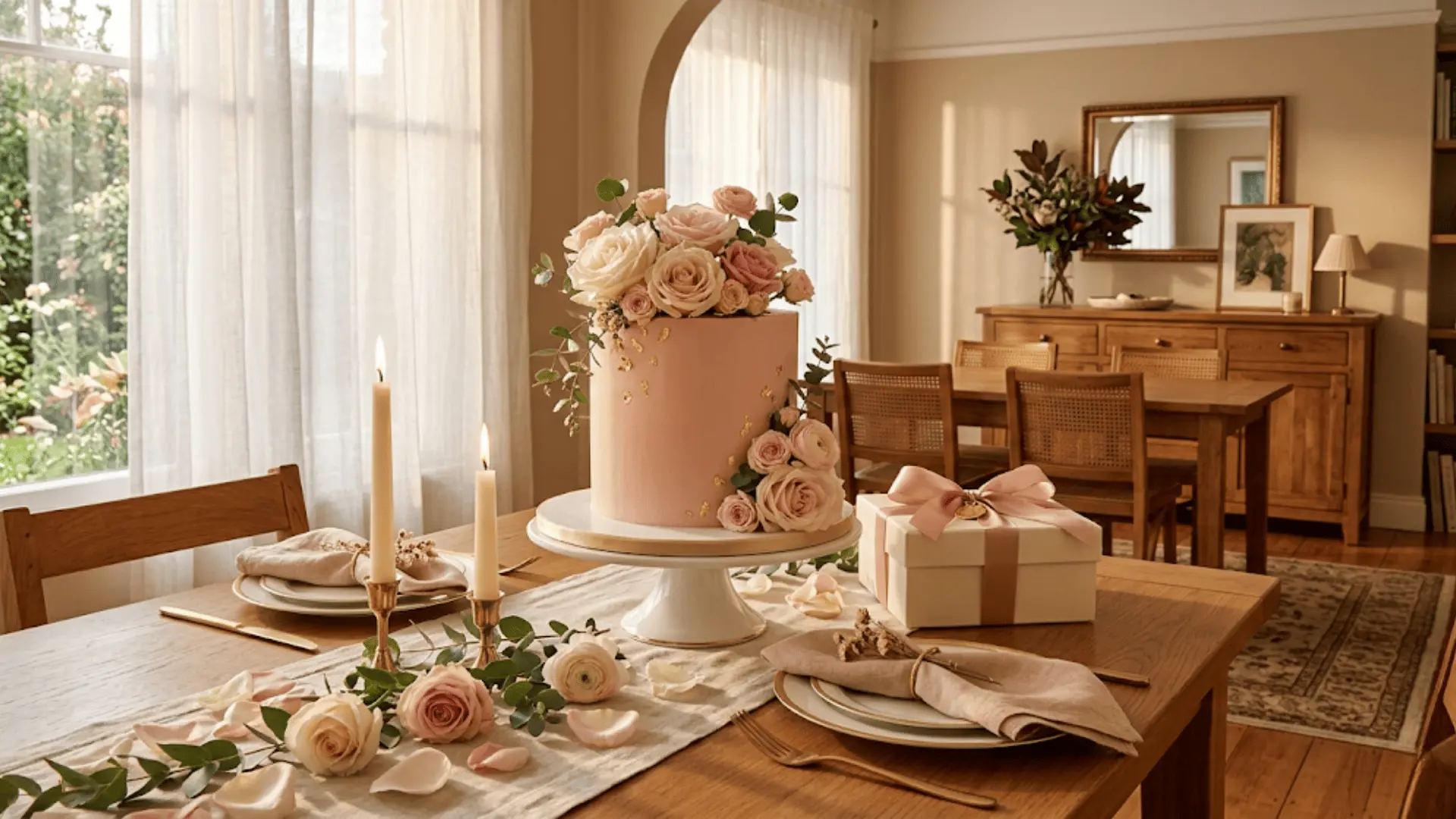 blush celebration cake with roses on white stand beside gift box on candle-lit table in warm afternoon light
