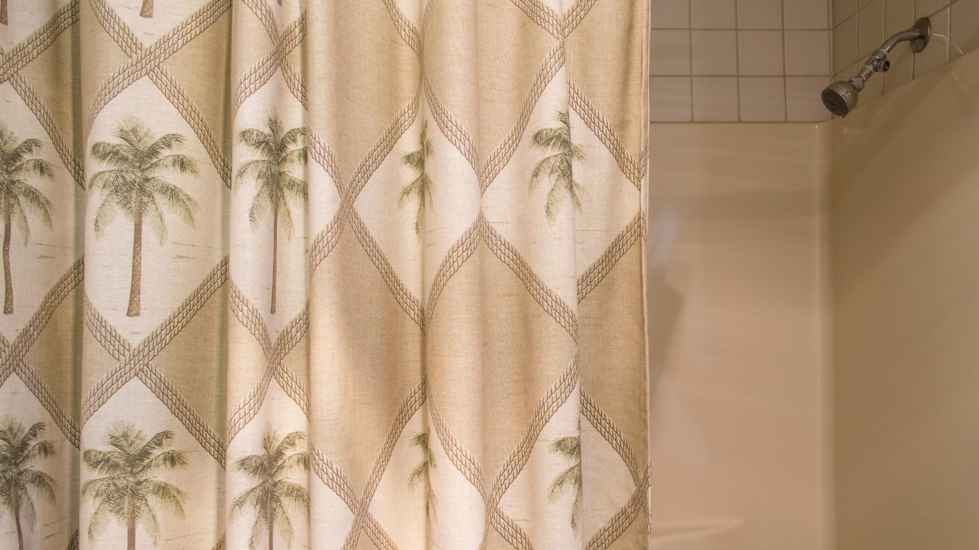bold patterned shower curtain used as focal point in bathroom adding color contrast and visual interest to simple decor