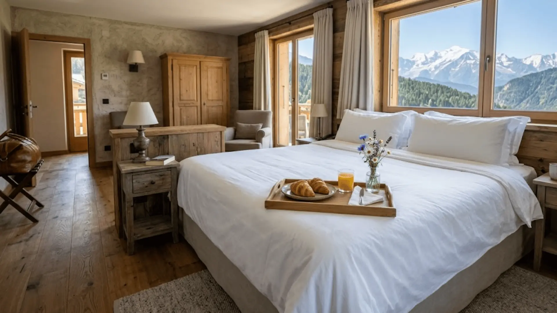 boutique hotel bed with breakfast tray and scenic mountain view through large windows in morning light