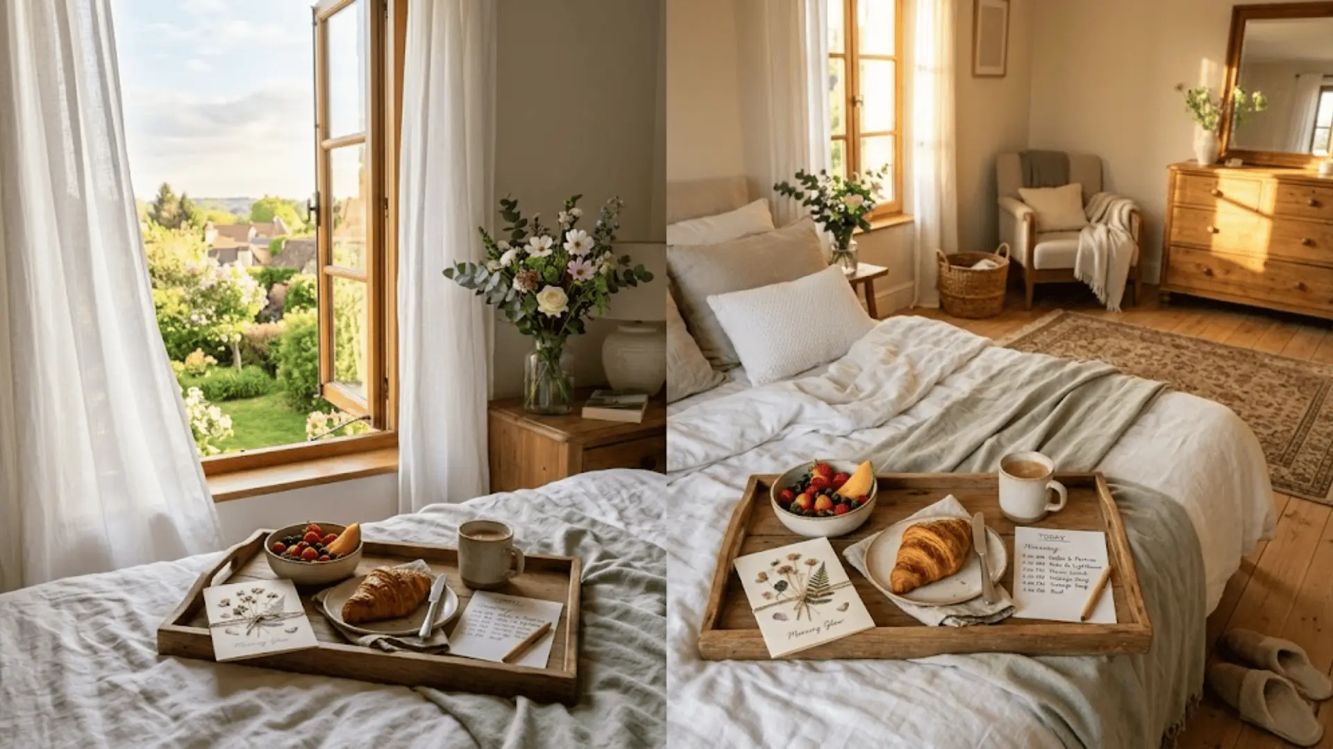 breakfast tray on sunlit bed with fresh fruit, croissant, flowers, and handwritten note in golden morning light