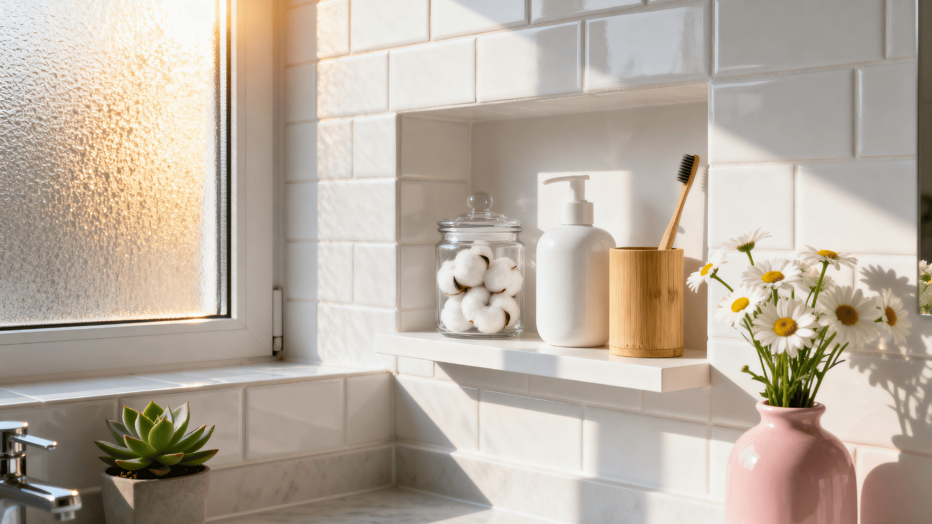 Bright bathroom corner with white tiles, floating shelf, cotton jar, soap dispenser, bamboo toothbrush, flowers, and soft sunlight by window