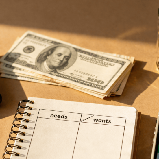 Budgeting setup with calculator, cash, emergency fund jar, and needs vs wants notebook showing key budgeting components