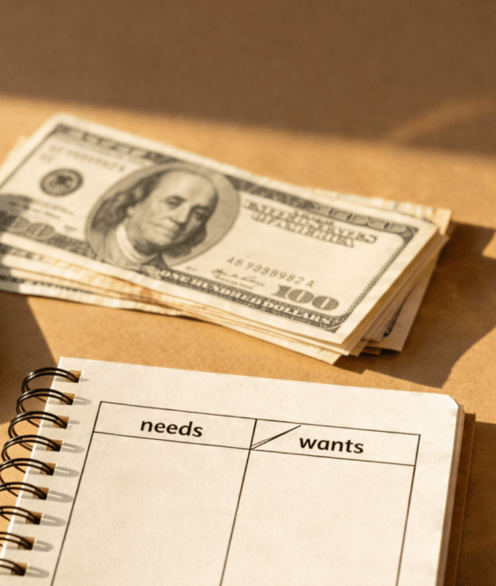 Budgeting setup with calculator, cash, emergency fund jar, and needs vs wants notebook showing key budgeting components