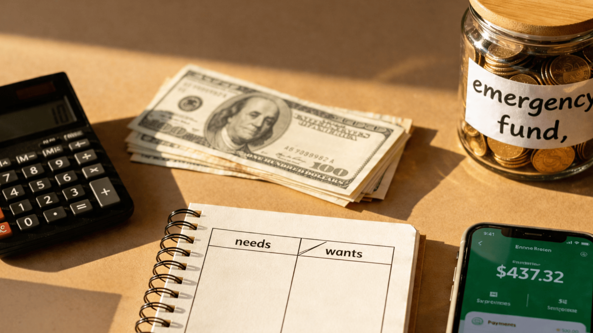 Budgeting setup with calculator, cash, emergency fund jar, and needs vs wants notebook showing key budgeting components