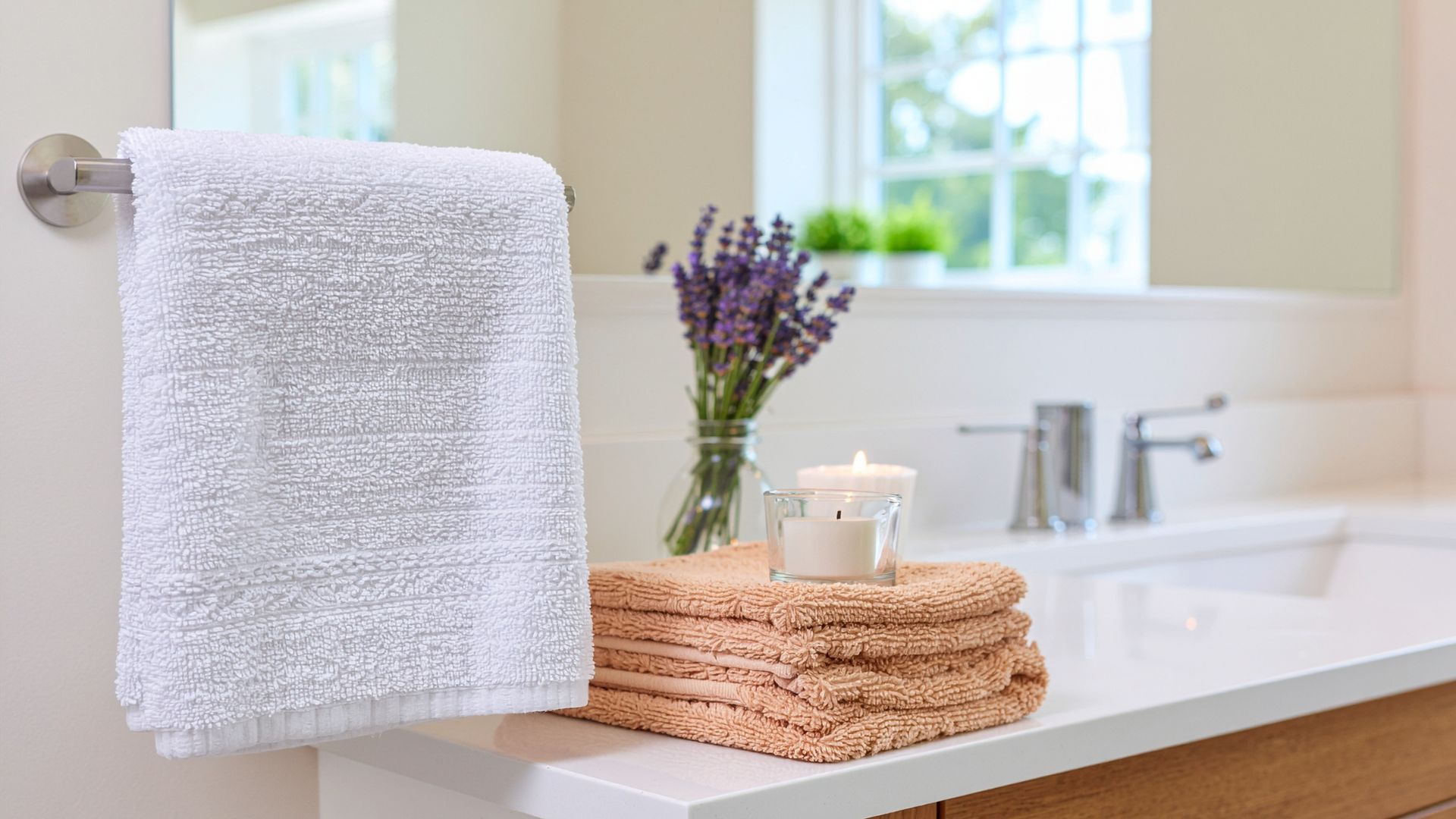 candles placed on bathroom countertop creating a relaxing spa like atmosphere with warm soft lighting