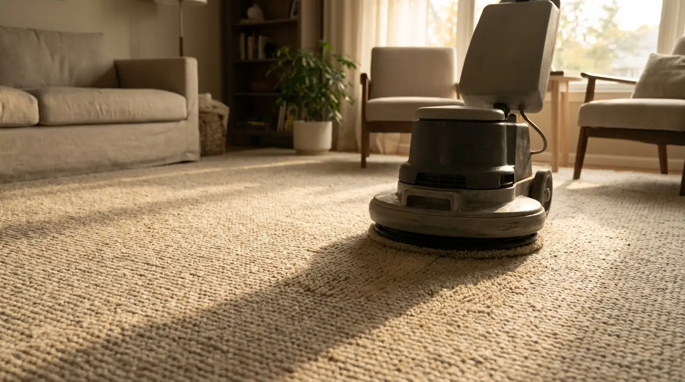 Vacuum cleaner on beige carpet in sunlit living room with cozy furniture and potted plant