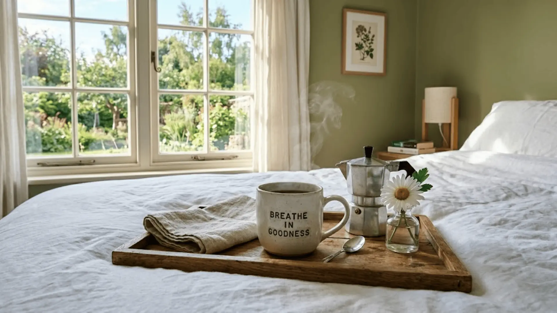 ceramic message mug on wooden breakfast tray with espresso pot, linen napkin, and daisy in morning light