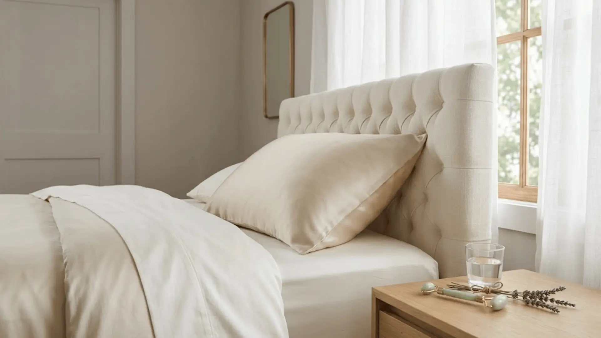 champagne silk pillowcase on tufted ivory headboard with face roller and lavender in soft morning light