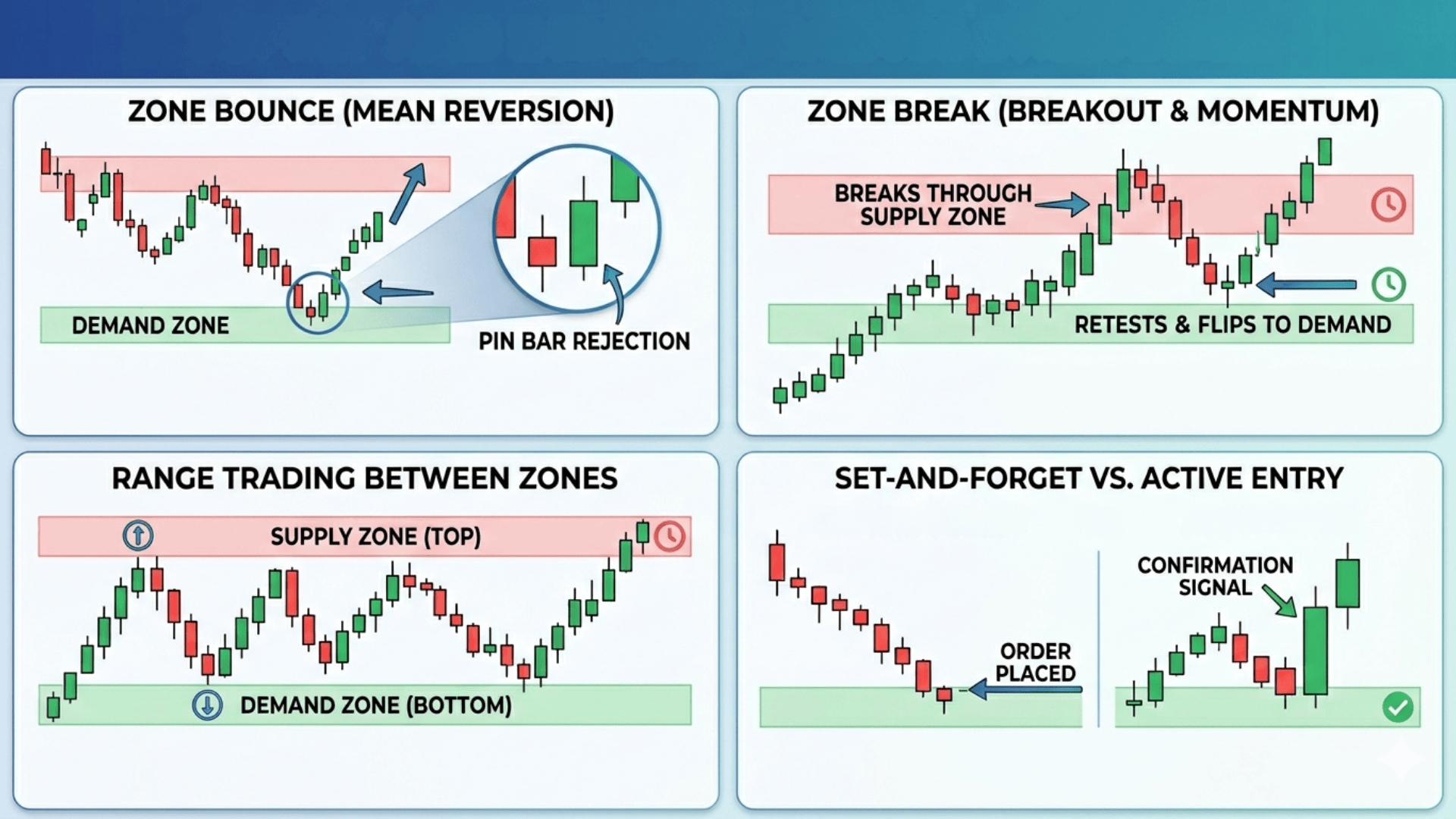 Chart detailing four supply and demand trading strategies Zone Bounce, Zone Break, Range Trading, and Entry Types with examples.