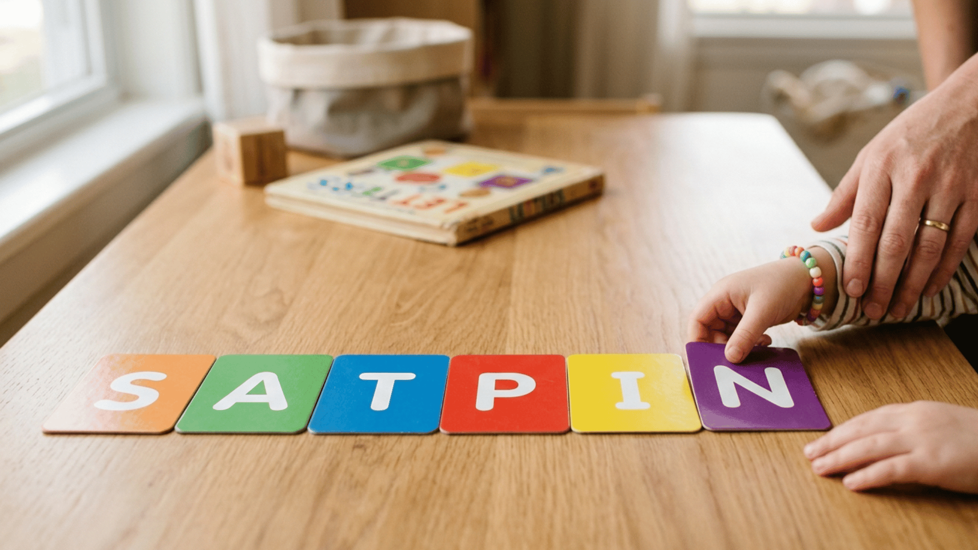 Child learning letters in SATPIN order with simple flashcards on a clean table.