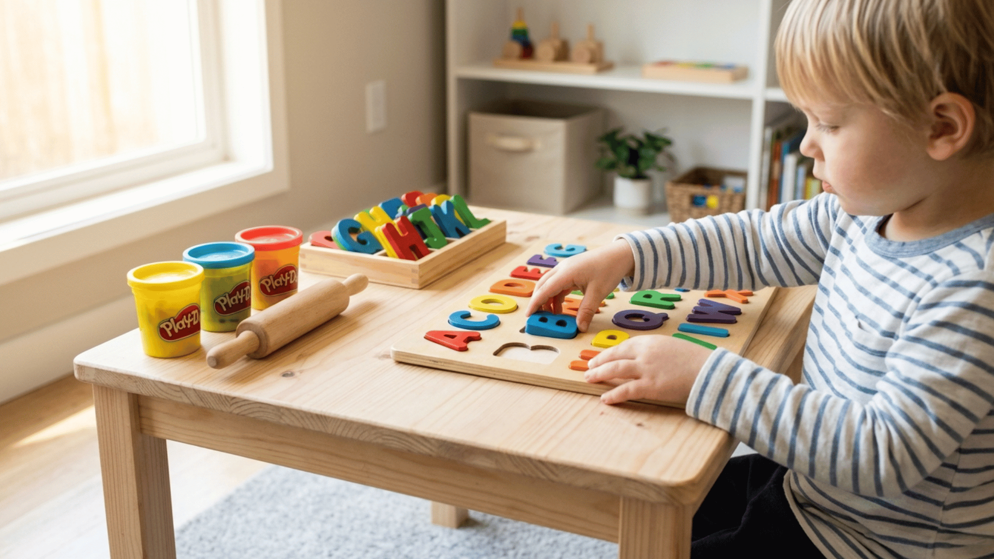 Child playing with alphabet puzzle and colorful letters on a wooden table at home.