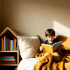 Child reading a book on a cozy bed with warm sunlight, surrounded by pillows, blanket, and a small bookshelf filled with colorful books.